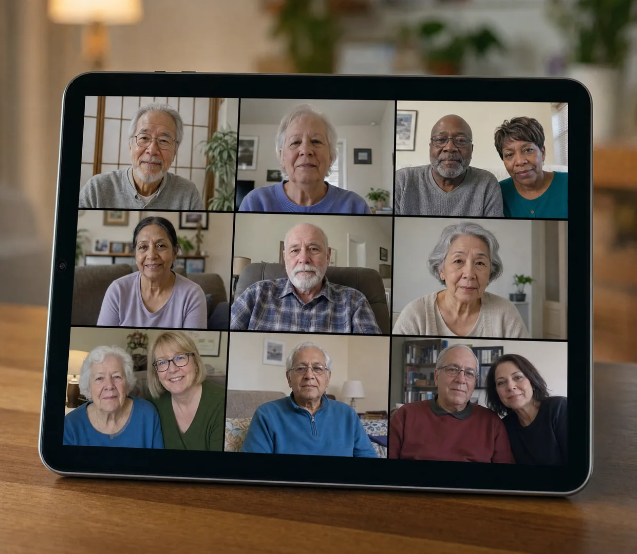 A tablet on a living room table showing a video call with nine screens of older adults and care partners joining a Parkinson's support group from their homes